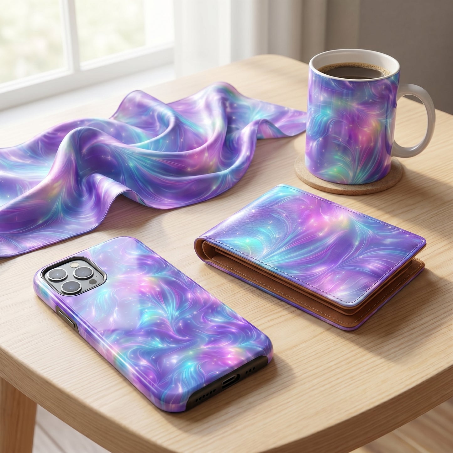 Mockup of a phone case, notebook, and mug featuring a magical glowing iridescent swirl pattern.