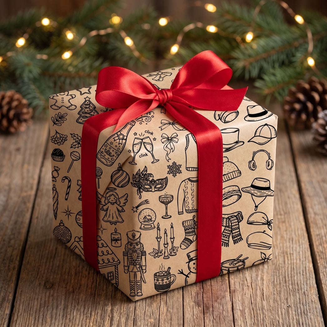 Christmas gift box wrapped in custom wrapping paper designed with winter doodle clipart.