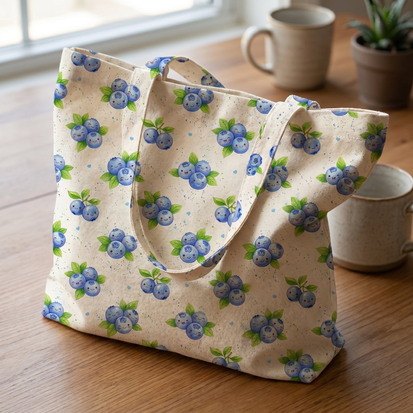 Canvas tote bag featuring a cute watercolor kawaii blueberry seamless pattern sitting next to a mug.