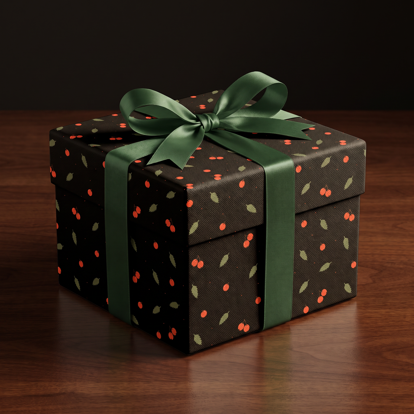 Seamless pattern with red autumn berries and green leaves on dark and light backgrounds for fall wrapping paper.