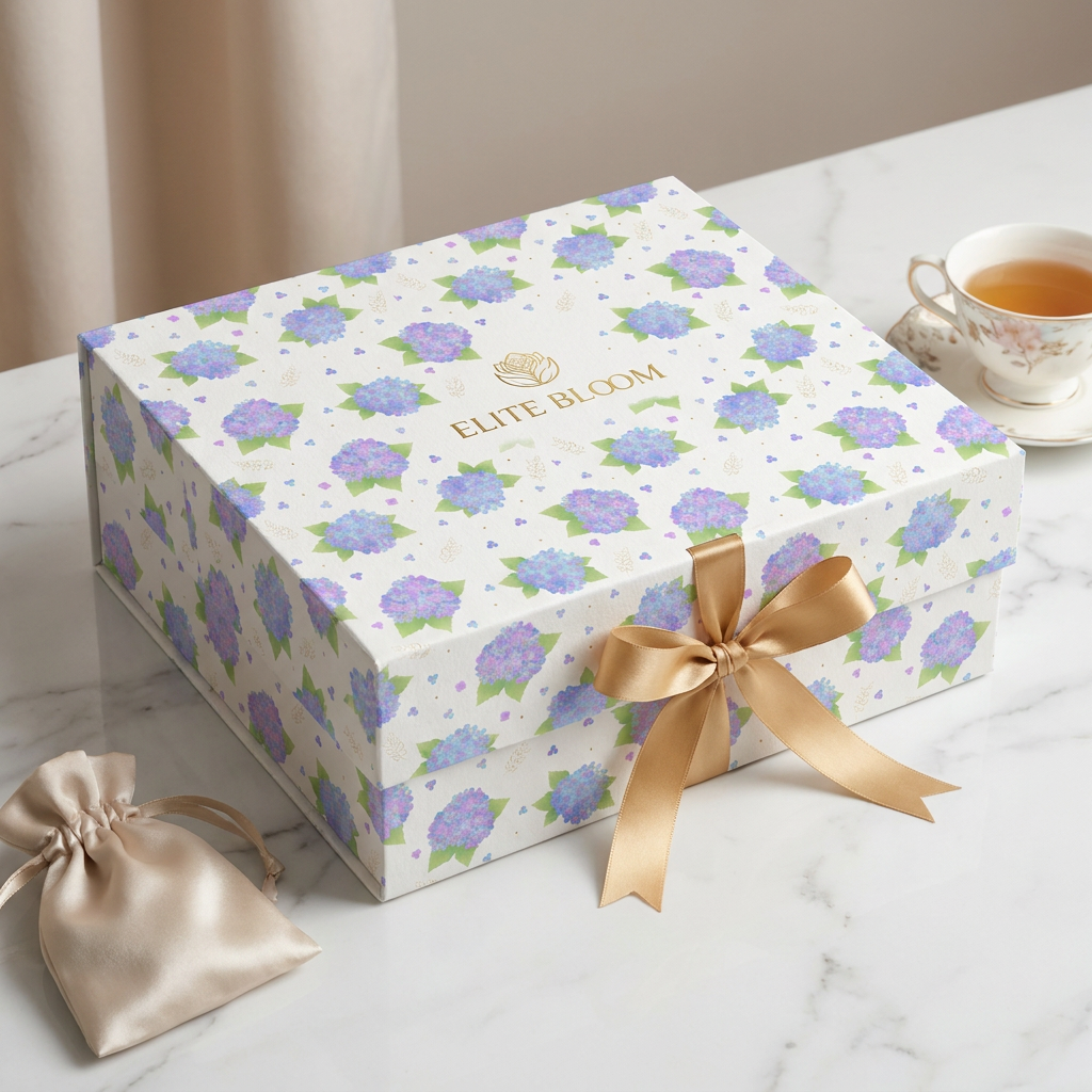 Gift box wrapped in pastel blue hydrangea watercolor seamless pattern design