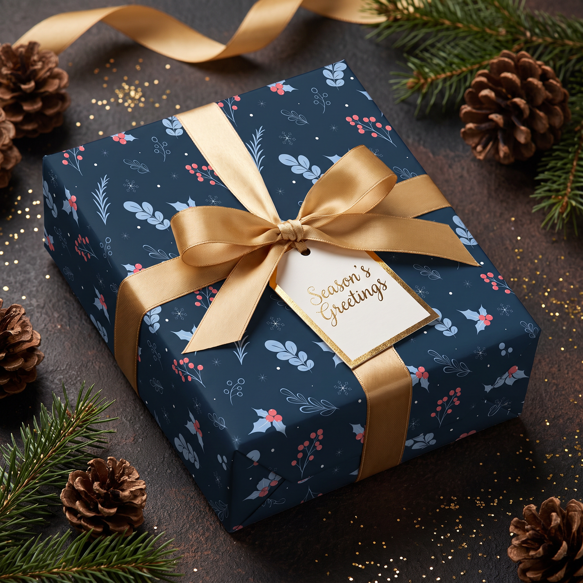 Christmas gift wrapped in navy blue paper with winter holly and berries seamless pattern, decorated with a gold ribbon.