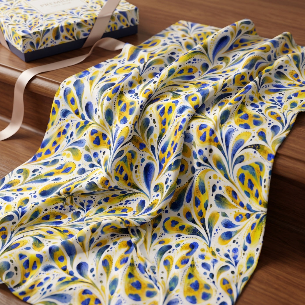 Azure and gold one-of-a-kind watercolor botanical pattern with expressive blue and yellow leaves on a white background