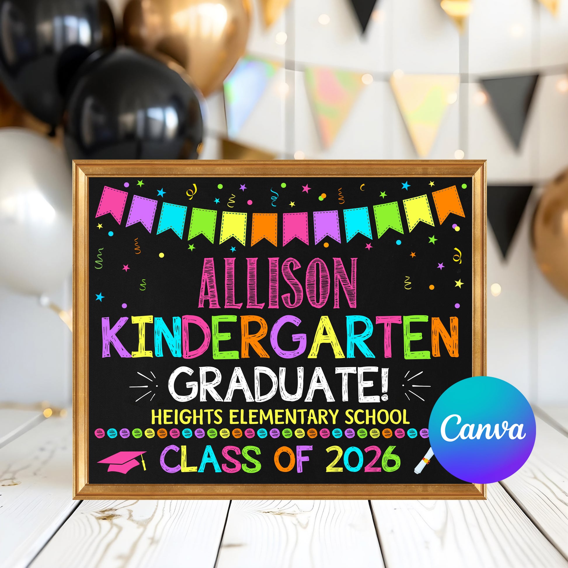 Kindergarten Graduation Class of 2026 sign with colorful bunting and editable name Allison on chalkboard background.
