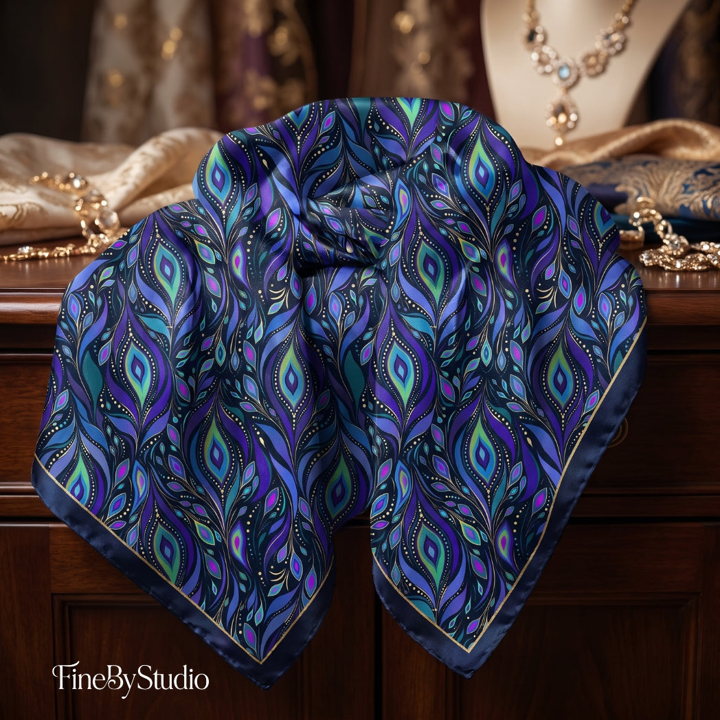 Blue peacock paisley pattern on a luxury silk garment