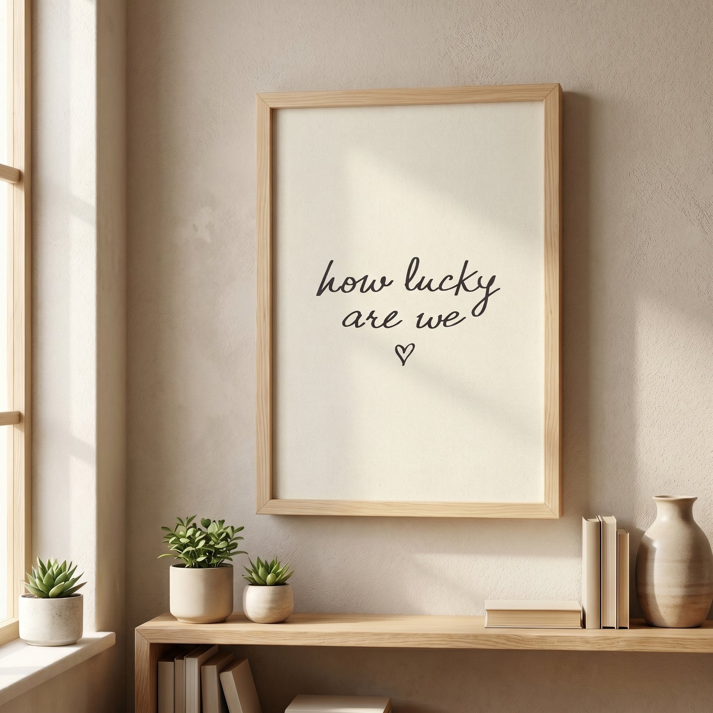 How Lucky Are We Print | Neutral Minimalist Wall Art, Hand Drawn Typography Bedroom Poster, Digital Download