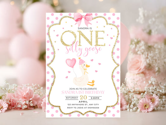Pink and gold One Silly Goose 1st birthday invitation template with a watercolor goose, pink bow, and gold glitter frame.