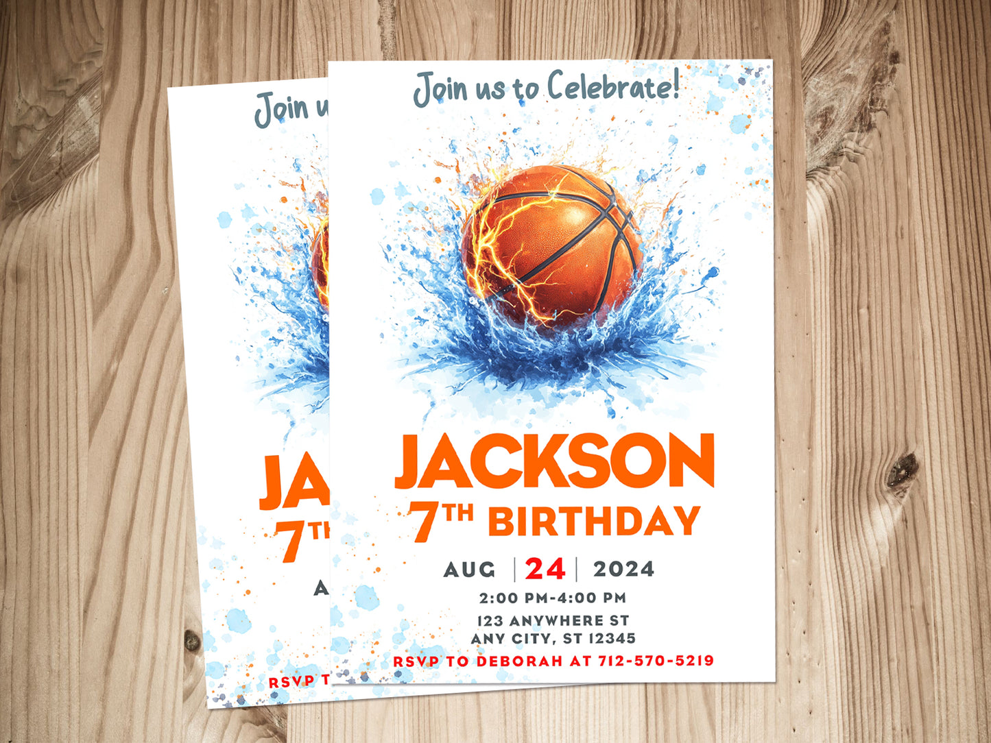 Vibrant basketball birthday invitation template with a basketball splashing in water, featuring orange and blue text.