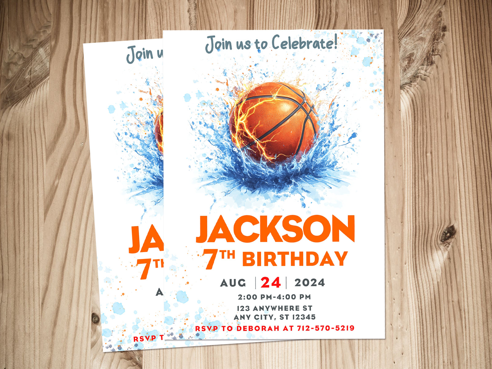 Vibrant basketball birthday invitation template with a basketball splashing in water, featuring orange and blue text.