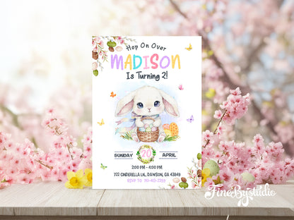  Cute watercolor bunny birthday invitation for Madison's 2nd birthday, featuring pastel eggs and butterflies.