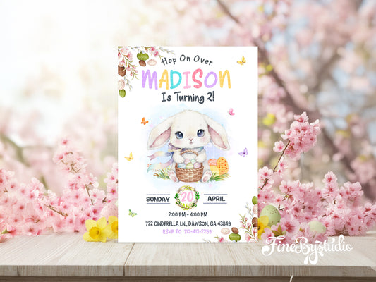  Cute watercolor bunny birthday invitation for Madison's 2nd birthday, featuring pastel eggs and butterflies.