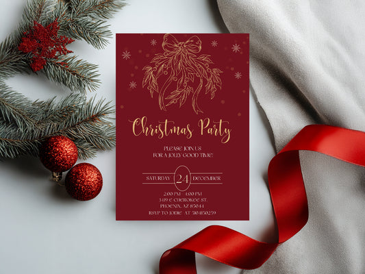 Elegant dark red Christmas party invitation with gold bow illustration.