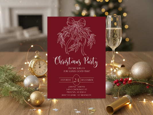Elegant dark red Christmas party invitation with gold bow illustration.