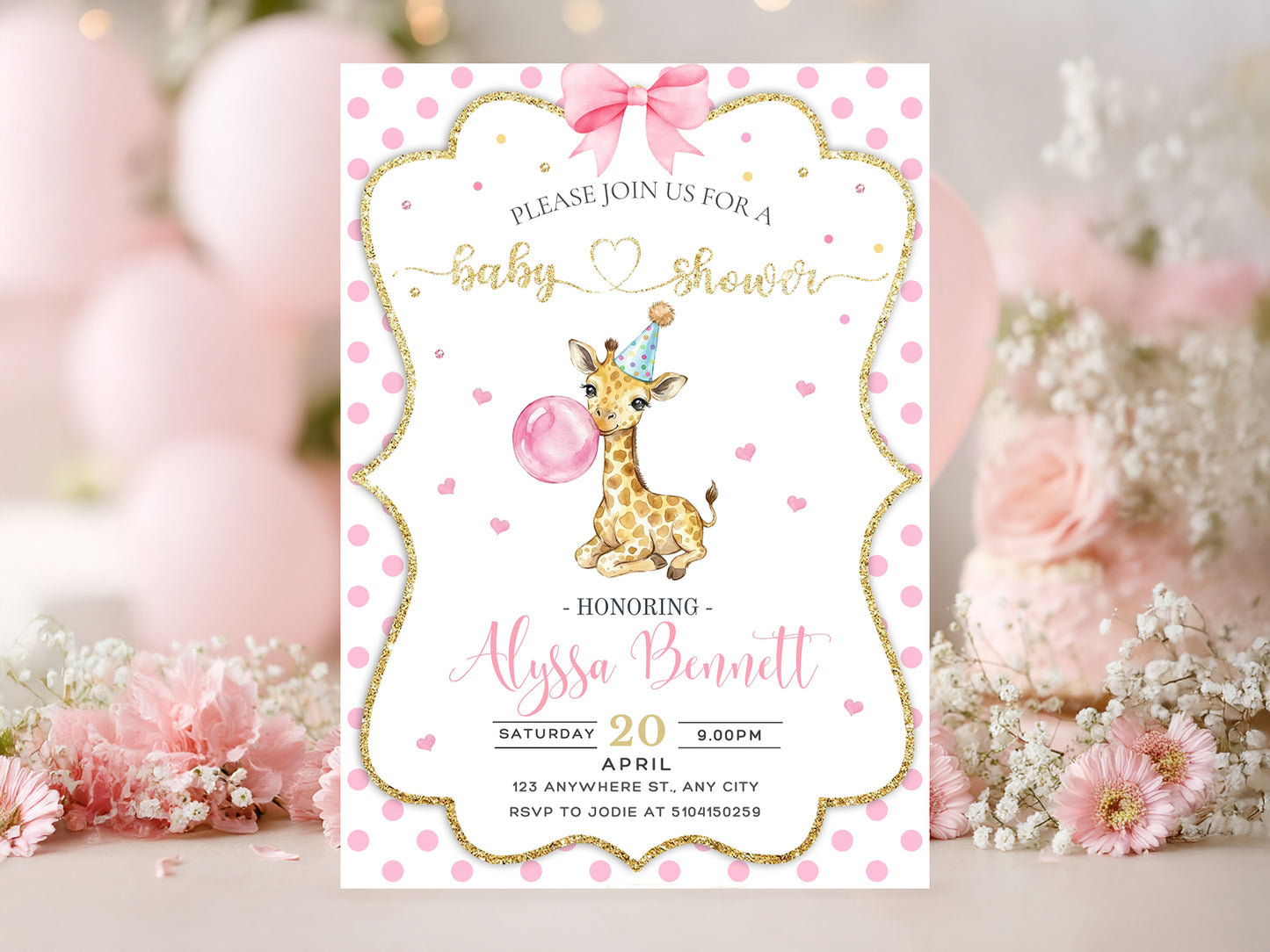 Cute watercolor baby giraffe blowing a pink bubblegum bubble on a pink polka dot background with a gold glitter frame and pink bow.