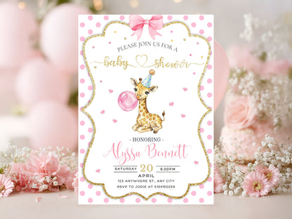 Cute watercolor baby giraffe blowing a pink bubblegum bubble on a pink polka dot background with a gold glitter frame and pink bow.
