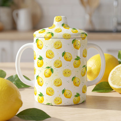 Mockup of a kitchen ceramic jar and cup decorated with a cute watercolor yellow lemon citrus pattern.