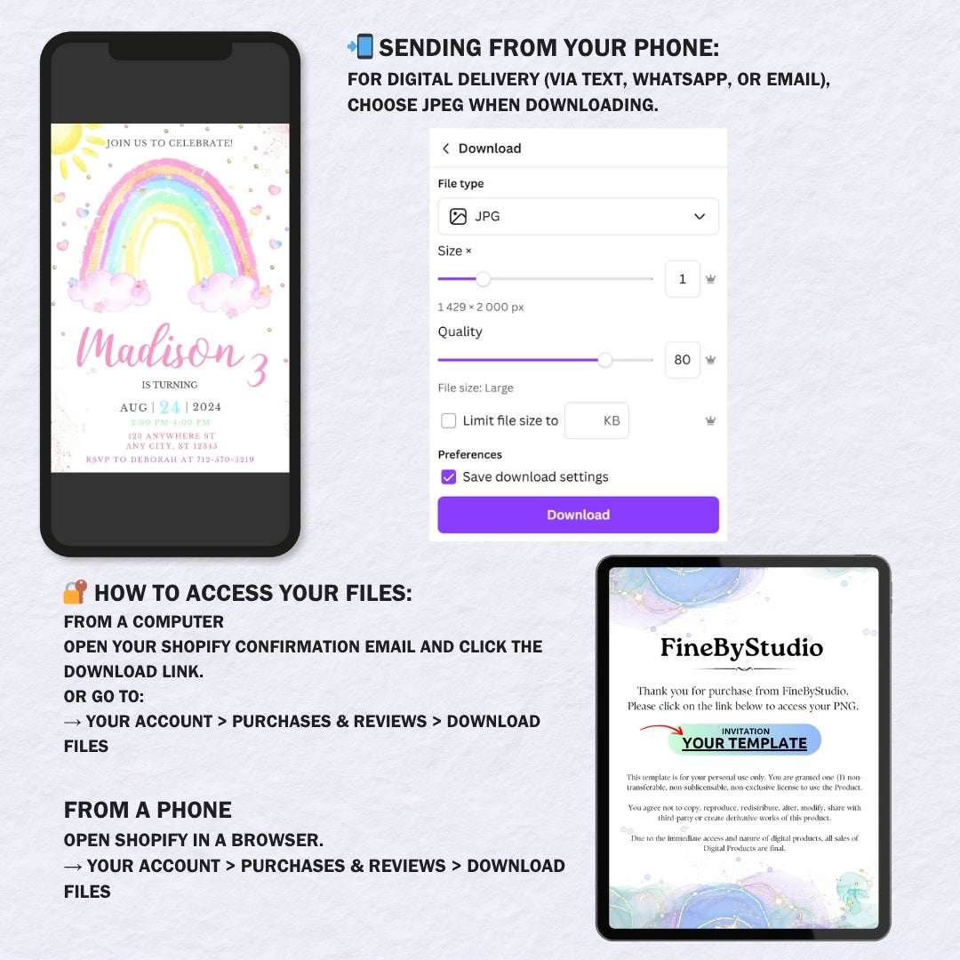 Pastel Rainbow Birthday Invitation, Magical Girl Party Invite, Editable Canva Template with Sun & Gold Glitter