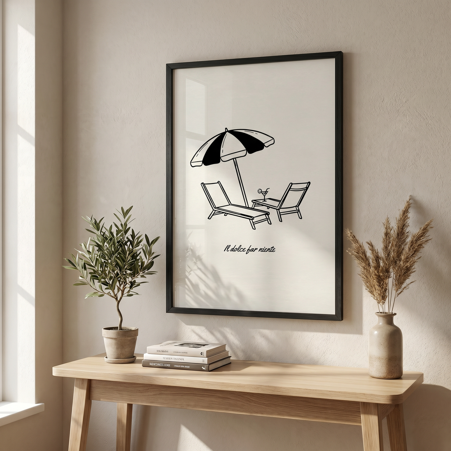 Il Dolce Far Niente Minimalist Line Art Print, Beach Chairs & Umbrella Poster, Italian Quote Printable Wall Art, Digital Download