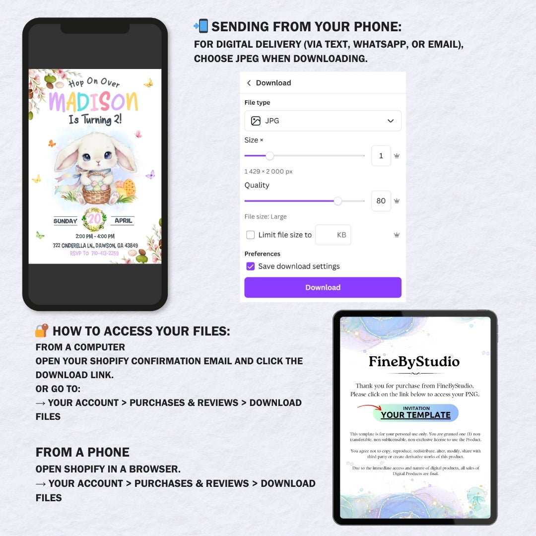 Hop On Over Easter Birthday Invitation Template, Cute Watercolor Bunny Canva Invite, Editable Kids Birthday Digital Download