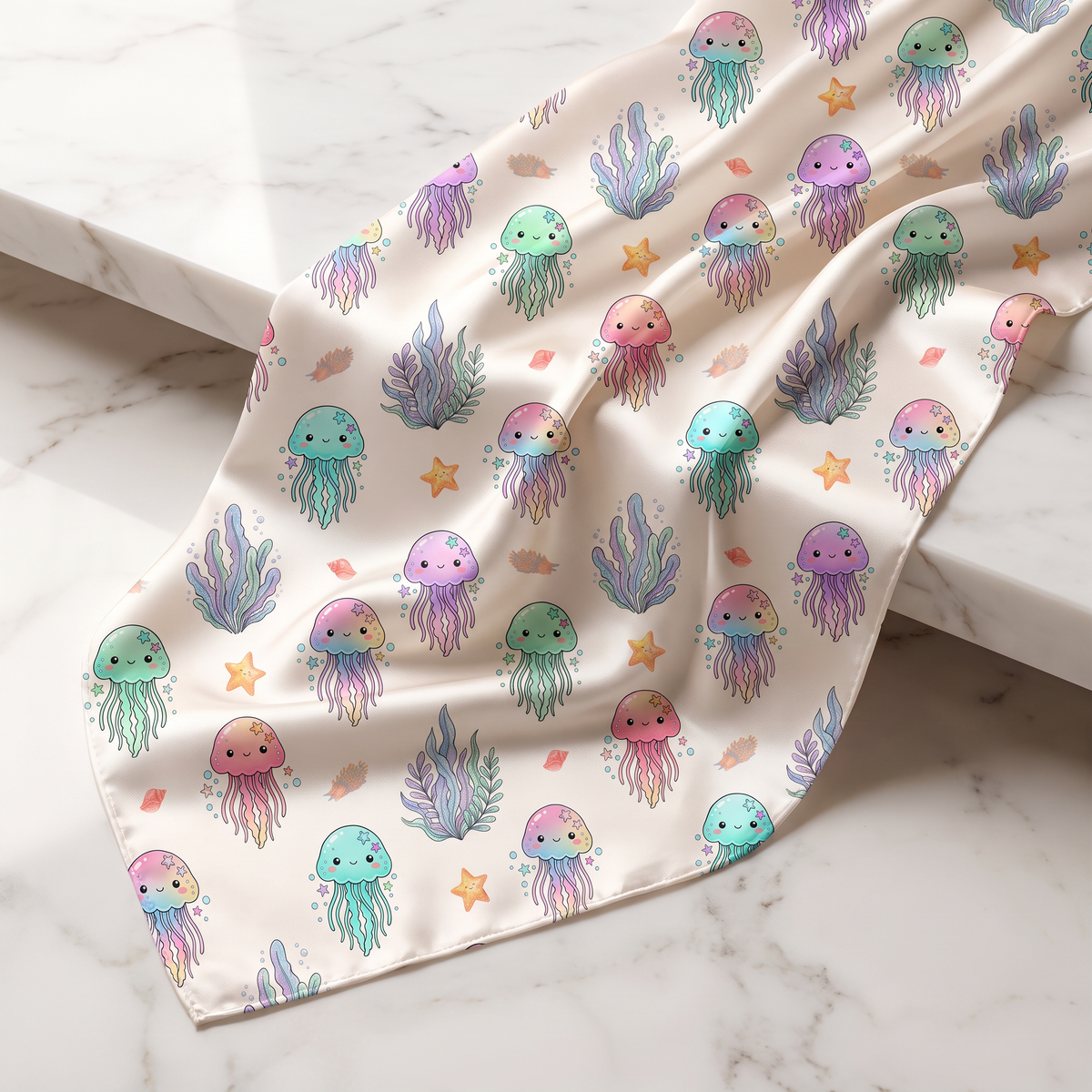 Pastel ocean jellyfish seamless pattern printed on soft nursery fabric mockup.