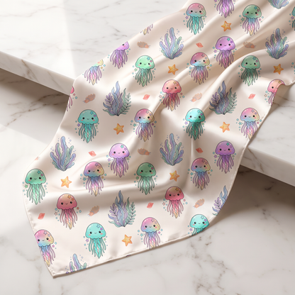 Pastel ocean jellyfish seamless pattern printed on soft nursery fabric mockup.