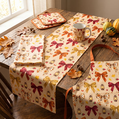 Vintage fall fabric design applied to a Thanksgiving table runner and placemats in a warm dining room.
