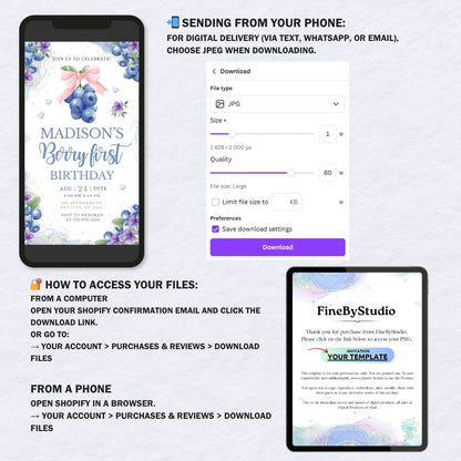 Berry First Birthday Invitation | Blueberry 1st Birthday Invite Girl | Editable Canva Template with Pink Bow