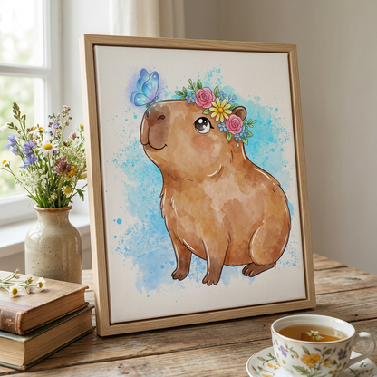 Capybara with flower crown watercolor art print displayed in a wooden frame on a table.