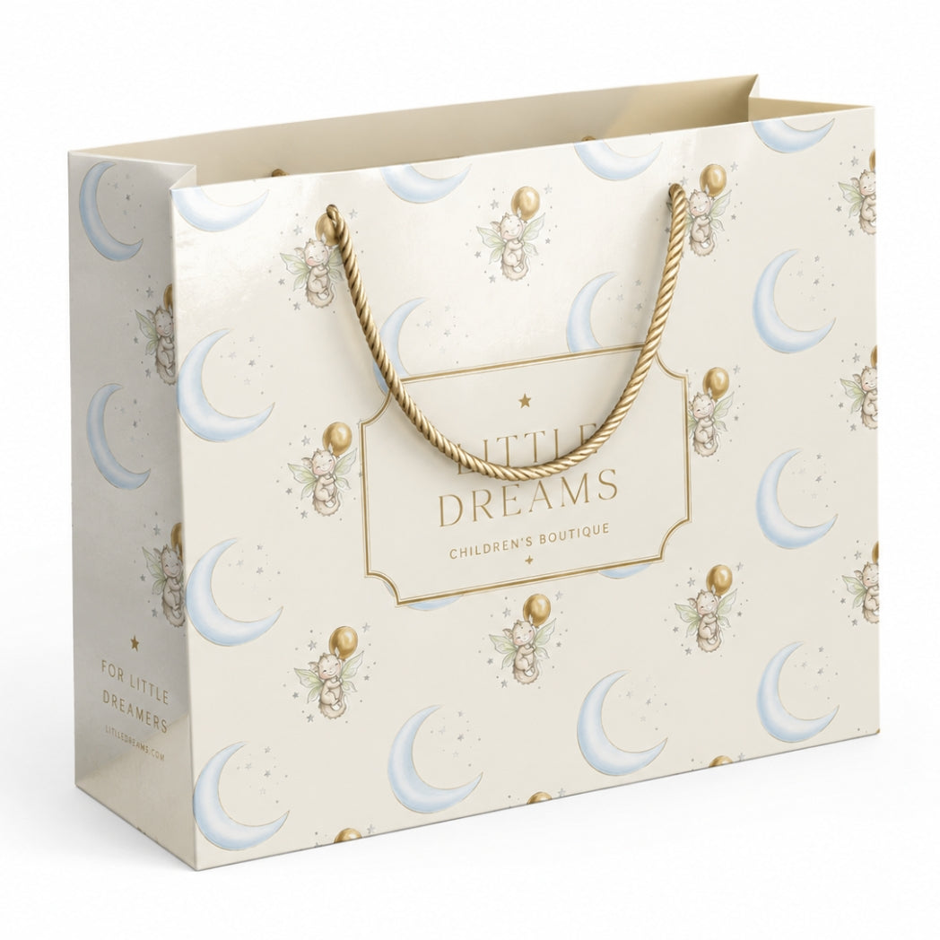 Nursery baby shower invitation and packaging mockup with watercolor moon and stars pattern.