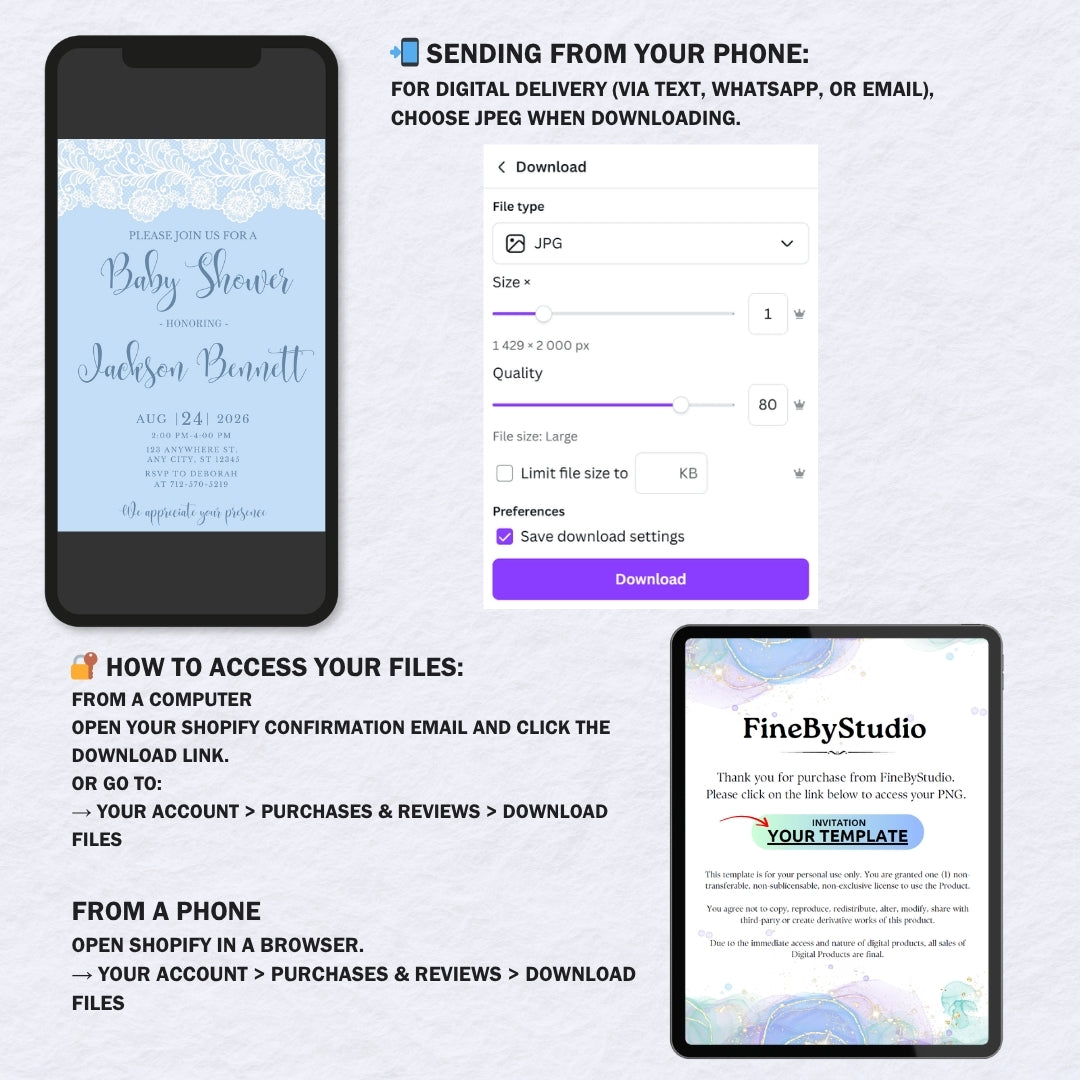 Instructions on how to access and download the baby shower digital template from a mobile device.