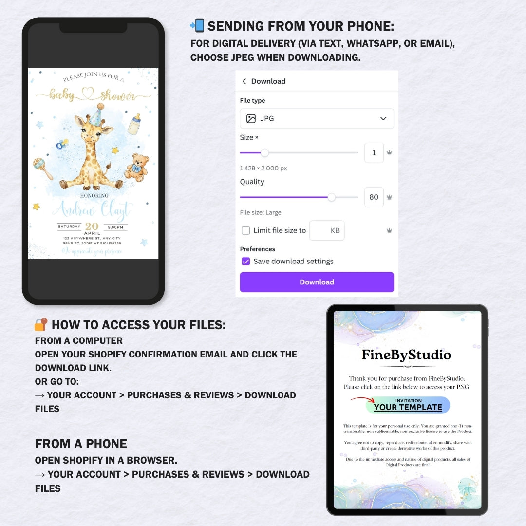 Editable Blue Giraffe Boy Baby Shower Invitation, Watercolor Safari Teddy Bear Canva Invite