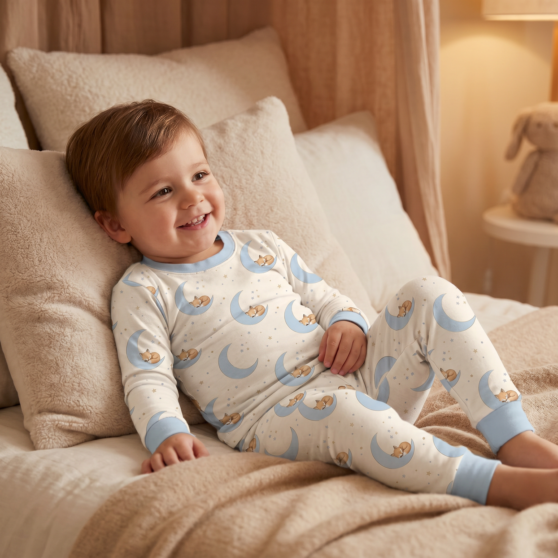 Toddler boy wearing navy blue pajamas printed with a starry night fox pattern.