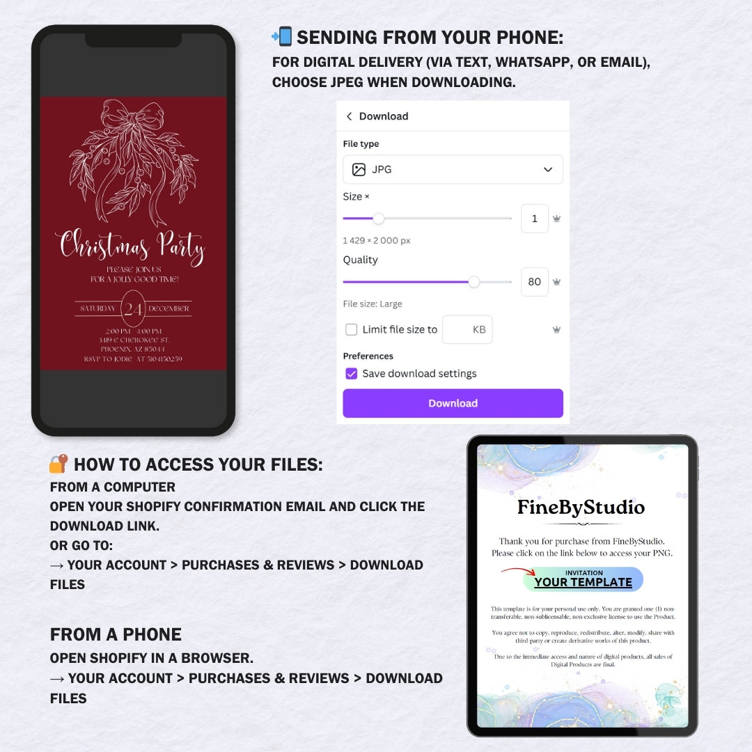 Elegant Burgundy & Gold Christmas Party Invitation Template | Editable Holiday Dinner Invite