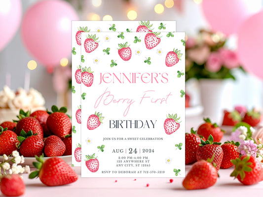 Berry First Birthday Invitation Template | Strawberry 1st Birthday Girl | Editable Canva Digital Invite