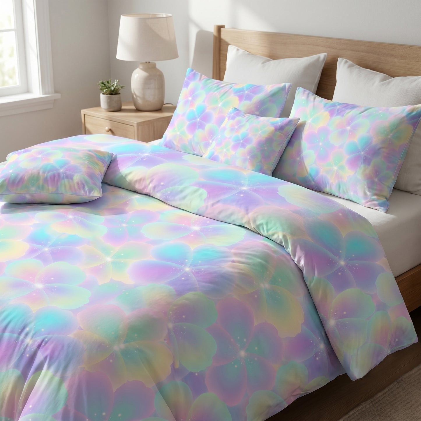 Bedroom mockup featuring a duvet cover and pillows printed with a dreamy iridescent fairycore petal pattern.