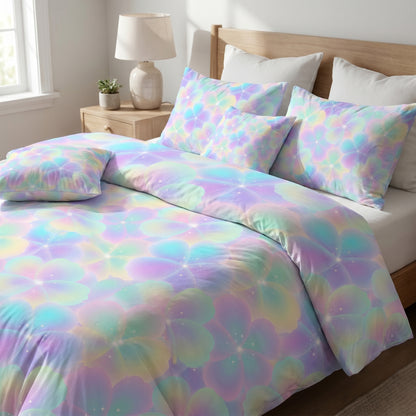 Bedroom mockup featuring a duvet cover and pillows printed with a dreamy iridescent fairycore petal pattern.