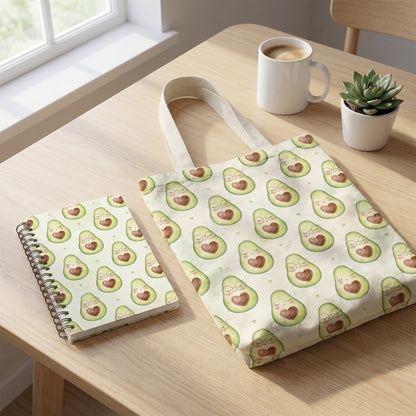 Tote bag and notebook mockup printed with adorable avocado watercolor pattern.