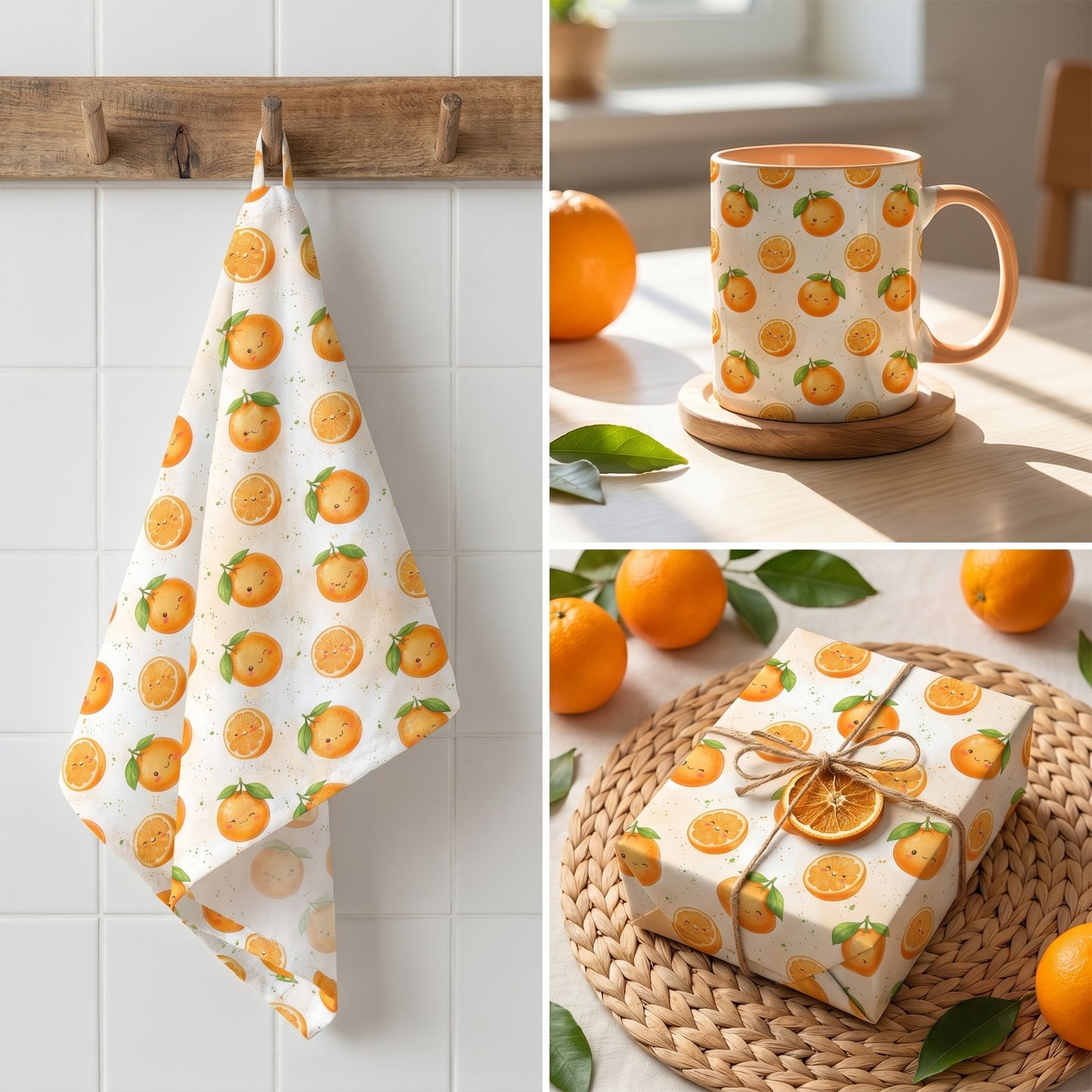 Kitchen and lifestyle mockup featuring a hanging tea towel, a mug, and a wrapped gift showcasing an adorable watercolor kawaii orange seamless pattern.
