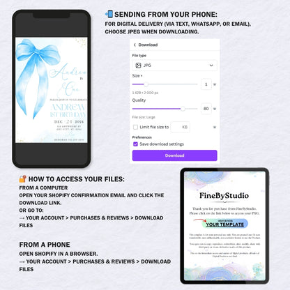 Editable Blue Bow Invitation | Canva Template | Baby Shower & Birthday Invite