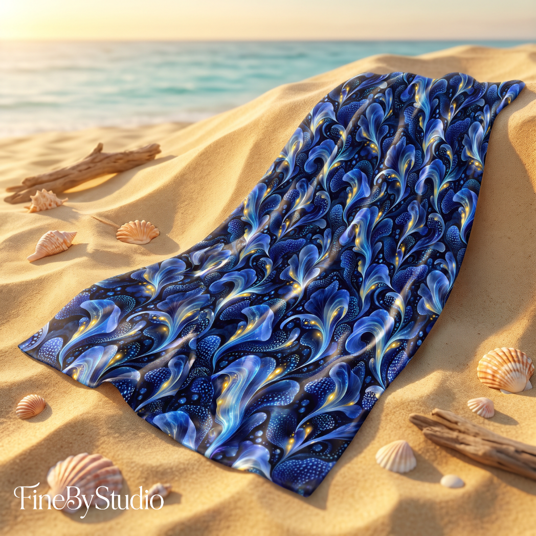 One-of-a-kind midnight blue botanical surface pattern with flowing organic forms and subtle golden accents