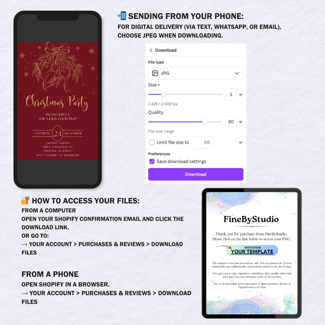 Elegant Burgundy & Gold Christmas Party Invitation Template | Editable Holiday Dinner Invite