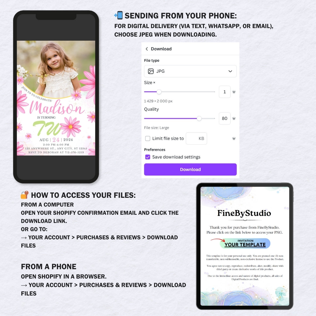 Pink daisy first birthday invitation, floral printable template, instant download