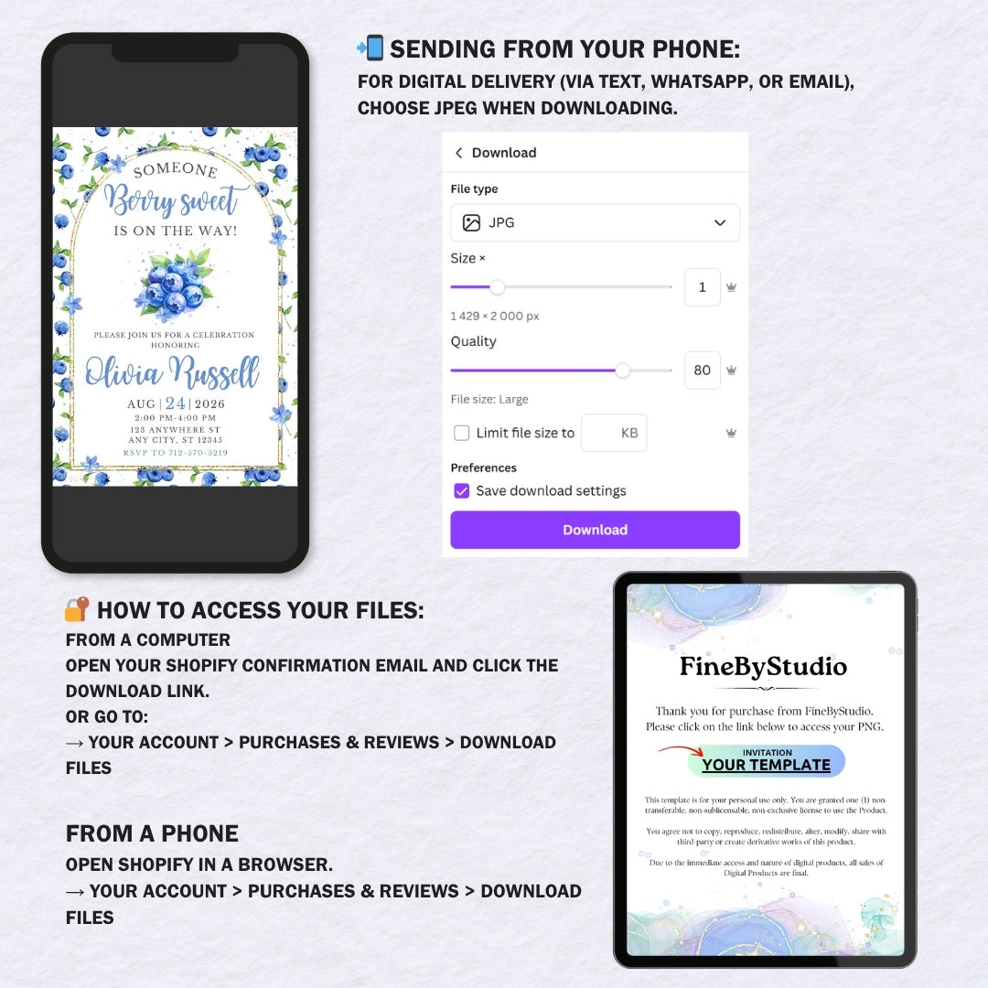 Instructions showing how to edit the blueberry baby shower invitation in Canva and download for printing or texting.