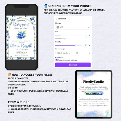 Instructions showing how to edit the blueberry baby shower invitation in Canva and download for printing or texting.