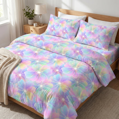 Mockup of a cozy bed with bedding and pillows featuring a magical iridescent fairycore floral pattern.