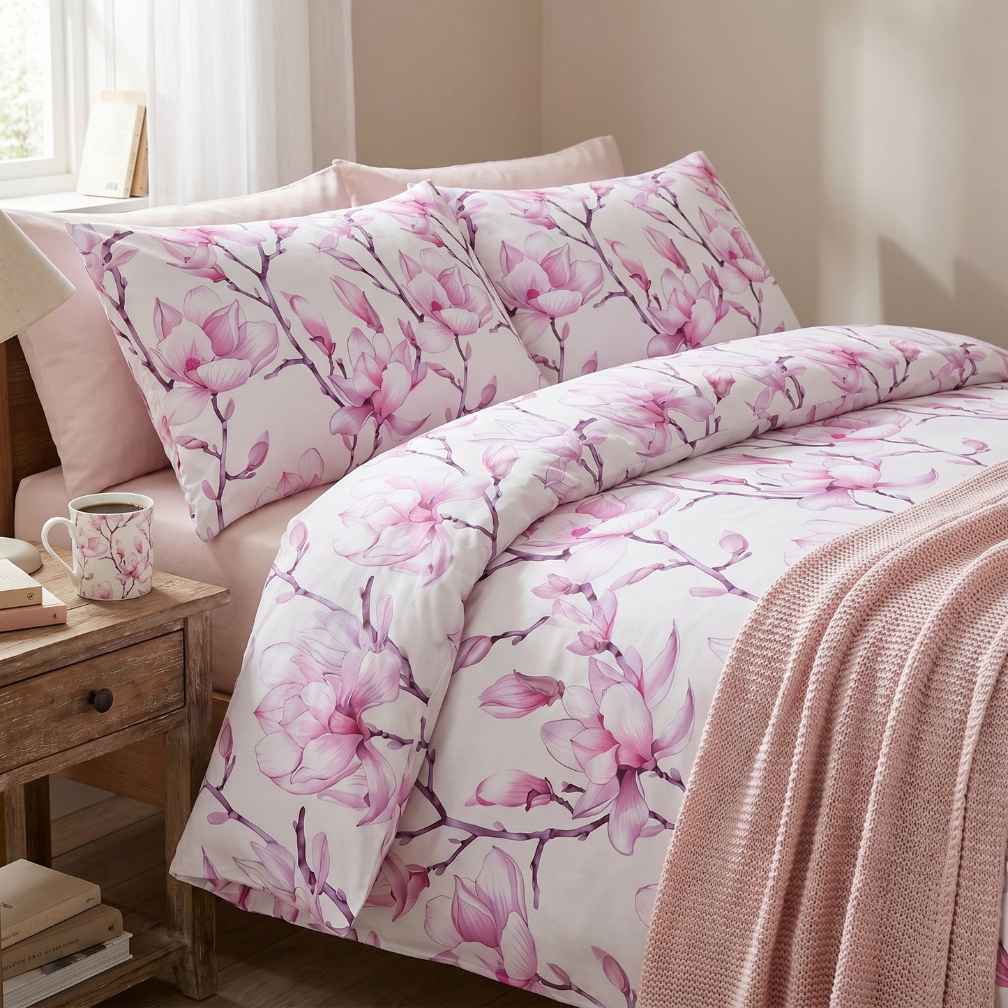 Mockup of a stylish bedroom with a duvet cover and pillows showcasing a delicate pink watercolor botanical magnolia pattern.