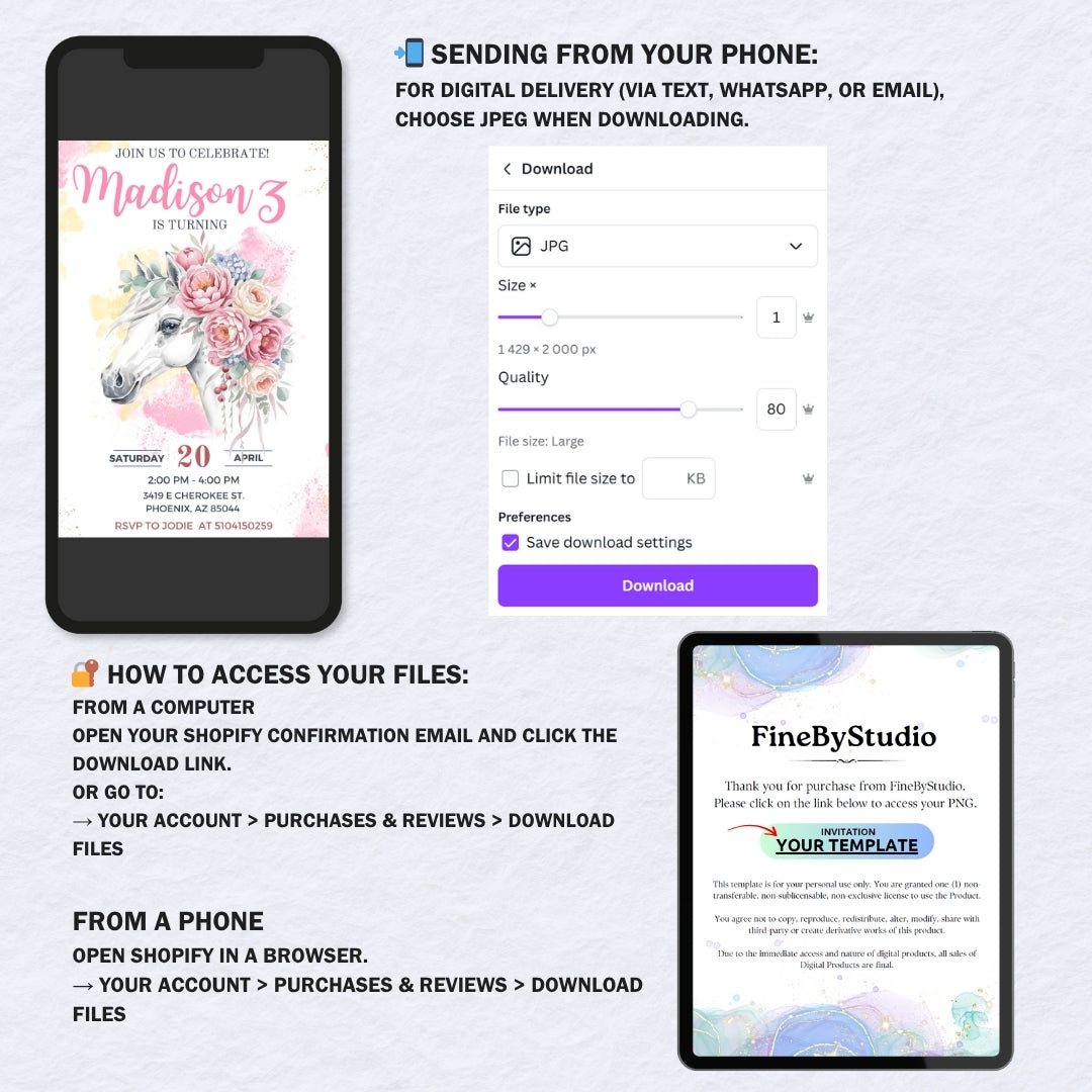 Editable Horse Birthday Invitation – Floral Pony Party Template – Girl’s Birthday Invite – Instant Download – Canva Template