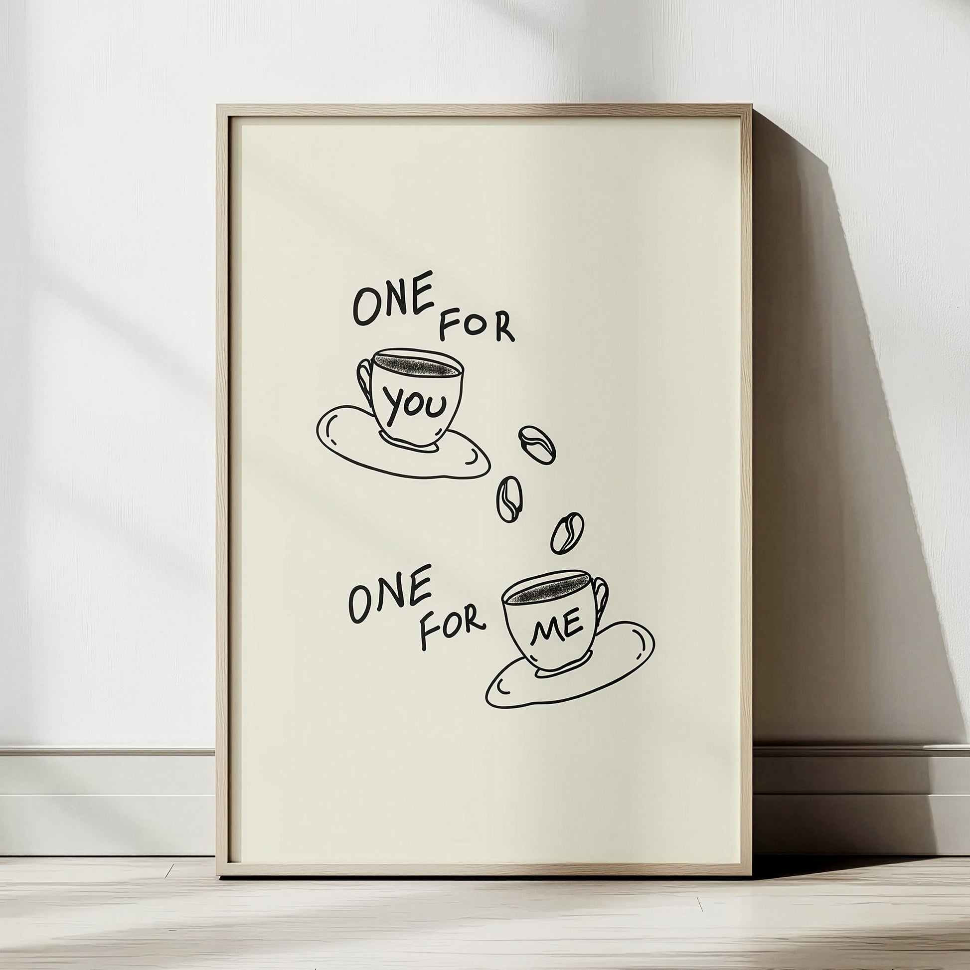 Aesthetic coffee bar decor idea, framed hand drawn coffee art print in a modern neutral kitchen setting