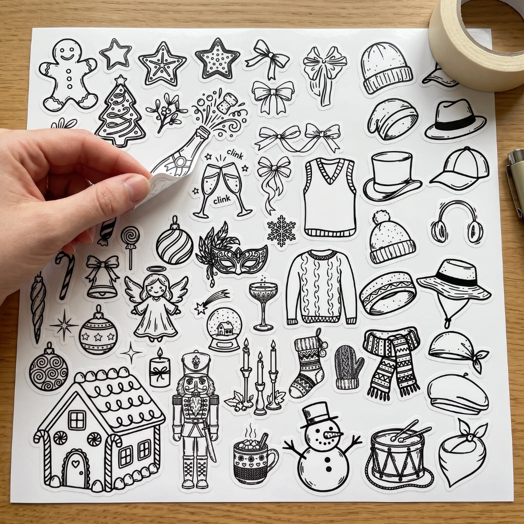 Hands coloring a printed winter and Christmas doodle coloring page.