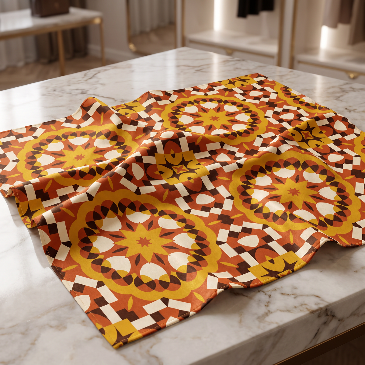 Terracotta Art Deco geometric pattern on decorative fabric